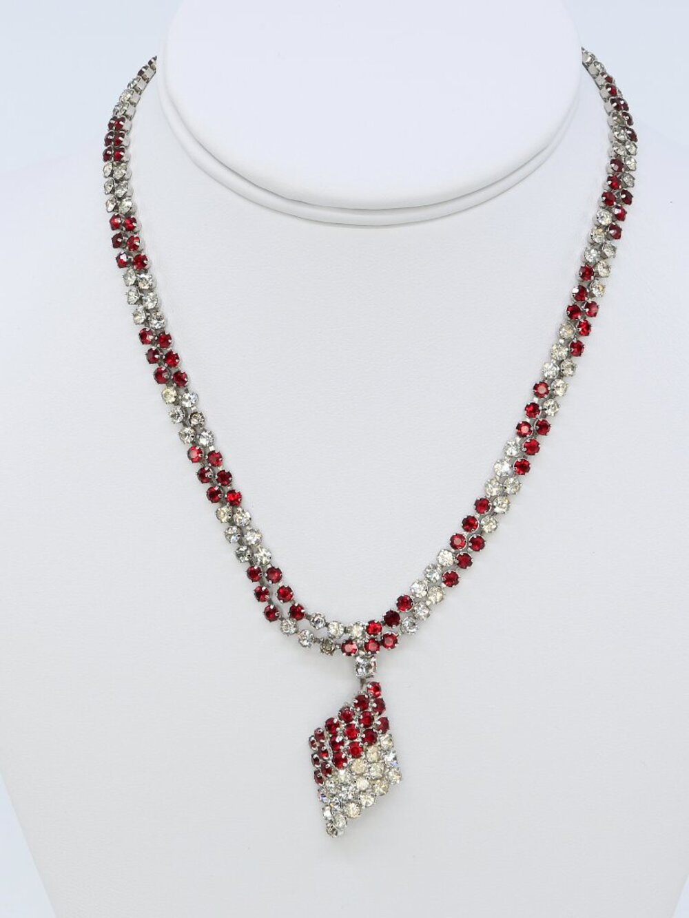 Vintage Kramer Geometric Ruby Red and Clear Rhinestone Necklace 1950s